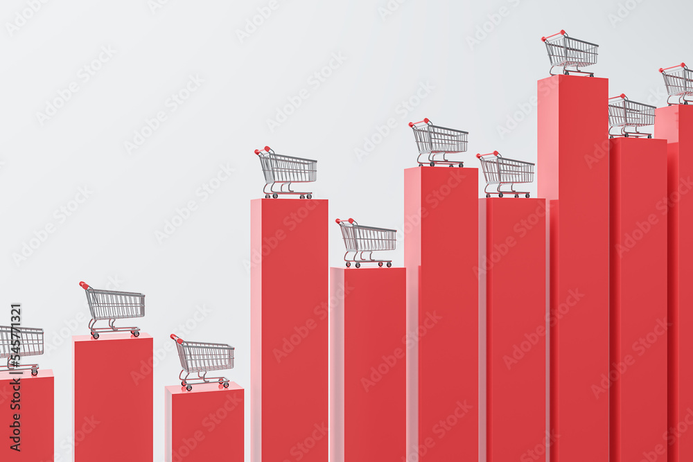 Poster abstract red business diagram with shopping carts on white background. online shopping increase conc