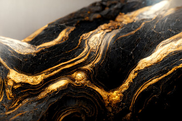 Black and Golden Marbled Unique Structure 3D Artwork Luxury Abstract Background. Precious Stone Beautiful Detailed Texture Backdrop. Weird Unusual Material Abstraction Three Dimension Art Illustration