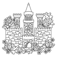 Fairytale castle, Flower Town. Coloring book page for adult and children. Line art design. Vector illustration