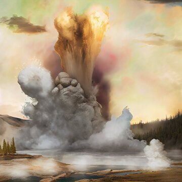 Yellowstone Old Faithful Geyser Explosion Eruption Volcano, Artist Depiction Of Initial Signs Of Supervolcano Erupting