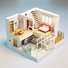 3d interior rendering of oblique empty paper model home apartment room, bathroom, bedroom, kitchen, living room, hall, entrance, door, window, balcony