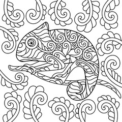 Chameleon. Coloring book page. Hand drawn square composition, vector doodle illustration.