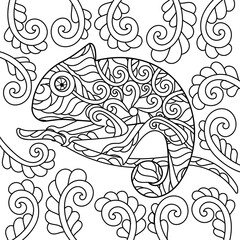Fototapeta premium Chameleon. Coloring book page. Hand drawn square composition, vector doodle illustration.