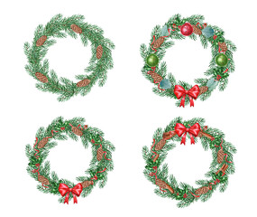 Watercolor christmas wreaths with decorations, ribbons, bows, fir tree branches isolated on white background.