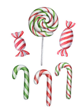 Watercolor christmas, new year sweets, candies, candy cane, lollipop isolated on white background.