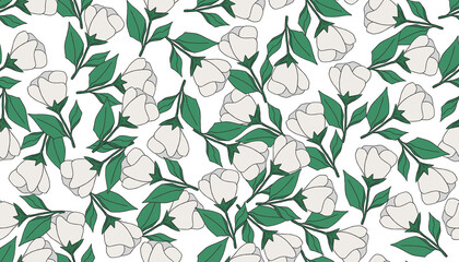 Floral plant seamless background, white roses. PNG illustration