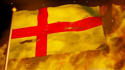 Historical flag of the Kalmar Union aka "the Banner of the realms" burning in war, crisis, forest fire, collapse (3D render) © Simon