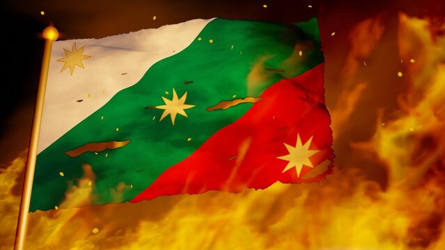 First Flag Of The Mexican Empire Burning In War, Crisis, Forest Fire, Collapse (3D Render)