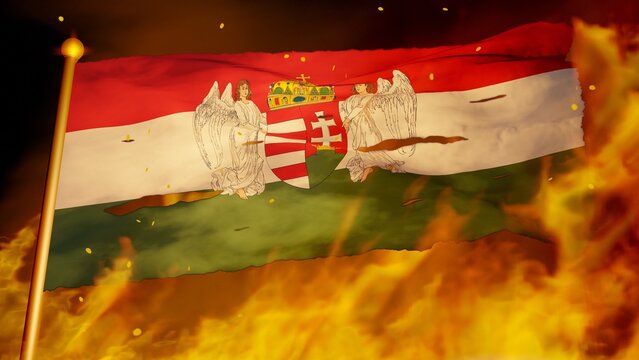 Historical flag of the Kingdom of Hungary (1896-1915) burning in war, crisis, forest fire, collapse (3D render)