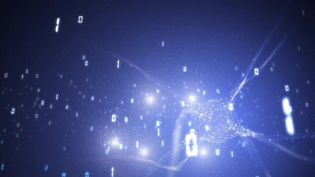 Artistic neuron cell in the brain with glowing binary code numbers animation background.	
