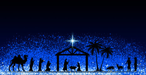 Christmas Nativity Scene. The adoration of Three Wise Men and shepherds. Wallpaper and greeting card banner background. - obrazy, fototapety, plakaty