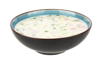 A plate of okroshka isolated on a white background.