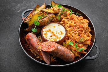 Fried sausages with potatoes and cabbage, on a pan