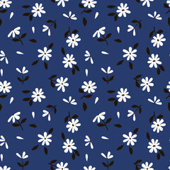 Fototapeta premium Seamless background with primitive childish floral pattern. Simple minimalistic cute white flowers in boho style on a blue background. Baby wallpaper for kids room, print for banner, postcard