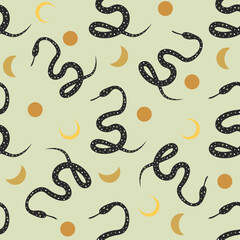 Seamless pattern with snakes, moon and stars. Boho mystical celestial clipart. Vector Illustration.