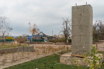 Countryside. House destroyed by shelling. War in Ukraine. Russian invasion of Ukraine. Destruction...