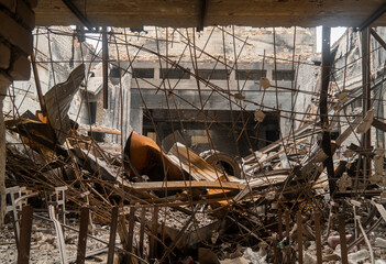 Ruined auditorium (view from inside). War in Ukraine. Russian invasion of Ukraine. Destruction of...