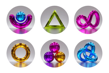 3d render, set of round stickers with colorful glass geometric shapes, modern minimal icons for social account design. Abstract circles isolated on white background