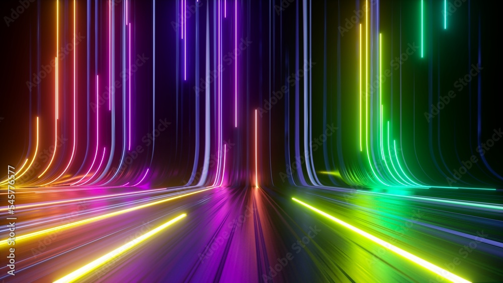 Wall mural 3d render, abstract background with colorful spectrum. modern wallpaper with neon rays and glowing l