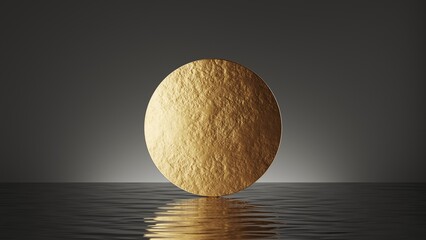 3d render, abstract minimal black background with simple geometric round shape. Golden disk above the water, ripples and reflection