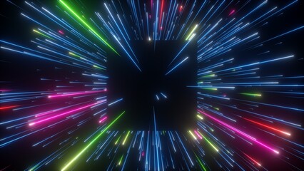3d render, abstract background with colorful firework, neon glowing lines and falling stars. Square black hole and meteor shower
