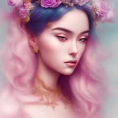 Portrait beautiful goddess woman in flowers