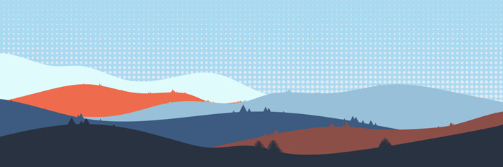 Beautiful landscape. Flat style. Long hills and mountains scenery background design. Nature vector illustration. Suitable for landing pages, banner, web, wall painting and posters.