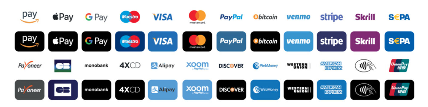Large set of buttons for online payments company logos: Visa, Mastercard, Bitcoin, American Express, Amazon Pay, Apple Pay, Google...payment systems icons on a transparent background for your design. 