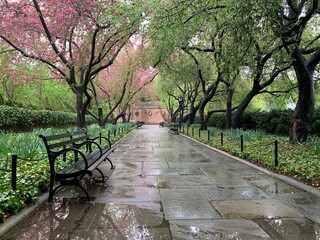 Benches places in the Conservatory Garden in New York's Central Park offer a peaceful and relaxing place in the heart of Manhattan
