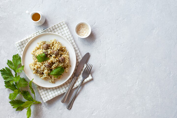 Portion of mushrooms, shallot and celery risotto