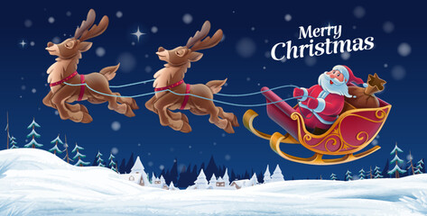 santa claus delivers gifts on sleigh with reindeer flies over snow and village on christmas night - 545778120