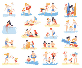Fototapeta na wymiar Family at Beach Scene with Father, Mother and Kid Having Fun Splashing in Water Big Vector Set