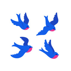 Cartoon swallow icon set. Cute bird in different poses. Vector illustration for prints, clothing, packaging, stickers.