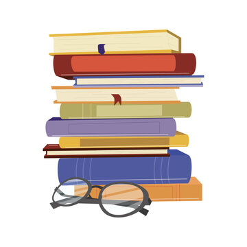 Vector illustration of glasses on top stack books. Stack of books on a white background.