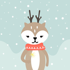 Cute Christmas reindeer  with scarf. Vector illustration.