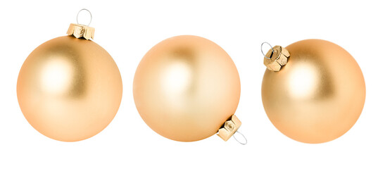 three golden Christmas ornaments from different angles on a white isolated background