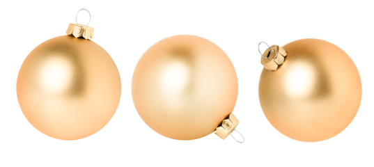 three golden Christmas ornaments from different angles on a white isolated background