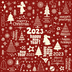 Christmas greeting pattern with holiday inscriptions and elements - 545778755