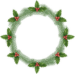Fototapeta na wymiar Christmas wreath with holly berries leaves watercolor illustration