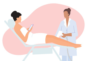 Fototapeta premium Laser hair removal illustration. Laser epilation cosmetology procedure. Beautician holding a depilation machine and using it on the woman's legs.