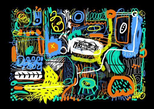 Abstract art. Doodle art. Digital graffiti. Post-graffiti. Illustration with lines, strokes, textures and doodles. Expressionist artwork. Abstract expressionism aesthetic. Street art Poster or cover.