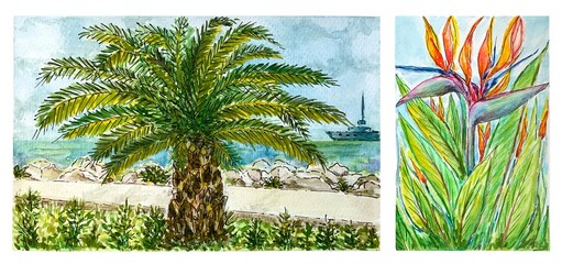 Vintage watercolor postcard with palm tree and strelitzia. Tourism and travel, vacation at the sea.