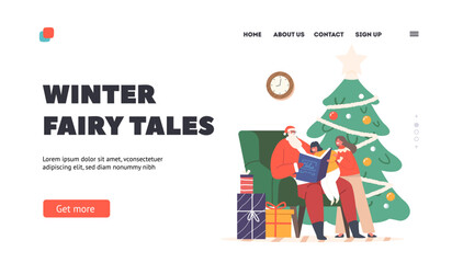 Obraz na płótnie Canvas Winter Fairy Tales Landing Page Template. Santa Claus Reading Book to Little Kids. Noel Character in Red Festive Costume