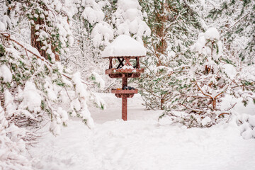 Winter, forest, park covered with fluffy snow, cold clear day. Large wooden bird feeder