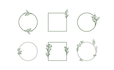 Geometric floral frames, borders, wreaths, hand drawn illustrations. Trendy Line drawing, line art style with branches and nature ornaments.