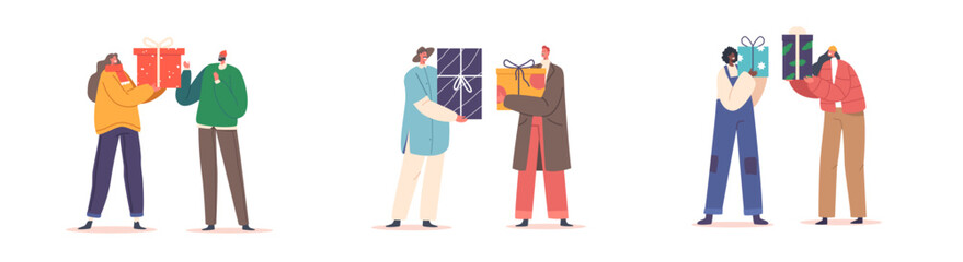 Set Happy People Giving Gifts for Christmas, New Year, Birthday or Boxing Day Celebration. Characters Exchange Presents