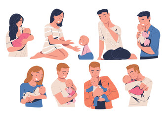 Happy parents and their babies set. Mom and dad hugging newborn baby expressing love and care cartoon vector illustration