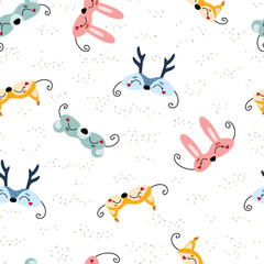 Seamless vector pattern with cute various New Year party costume masks. Kawaii hand drawn winter background for card, gift, fabric, print, textile, wrapping paper, wallpaper, packaging, apparel.