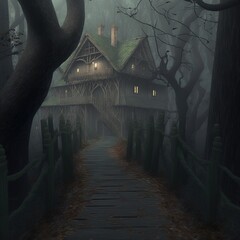 Spooky house at the end of a path, haunted house in forest, house in trees, Halloween background, bridge to house, dark and scary, 3D render of a haunted mansion, 3d Illustration of a scary cabin
