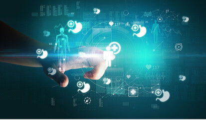 Doctor hand pressing futuristic health device with medical symbol on screen